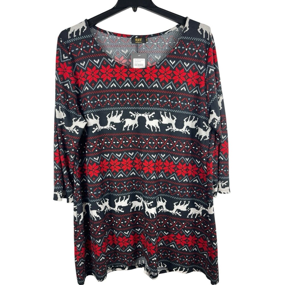 R&B Collection Red Floral Black Reindeer Stretch Pullover Tunic Top 3XL NWT